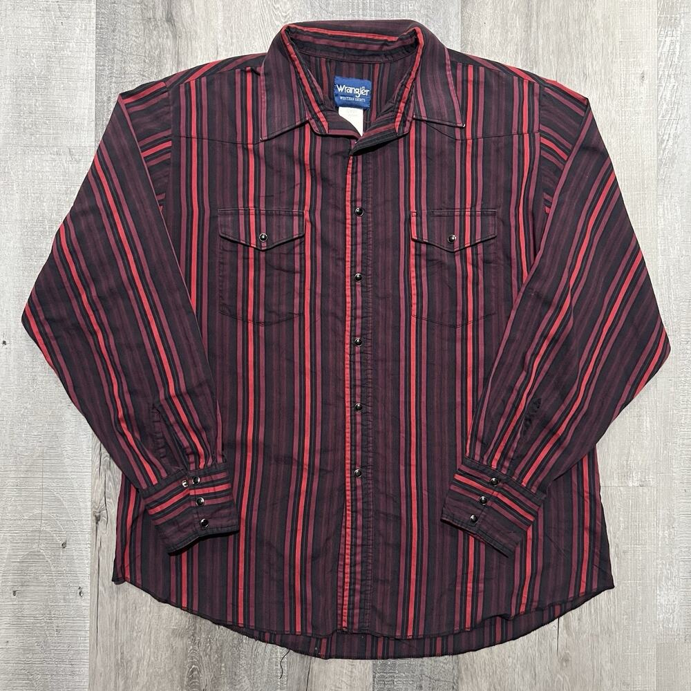 Wrangler Pearl Snap Shirt VTG Red Black 90s Western Striped Cowboy Size XL